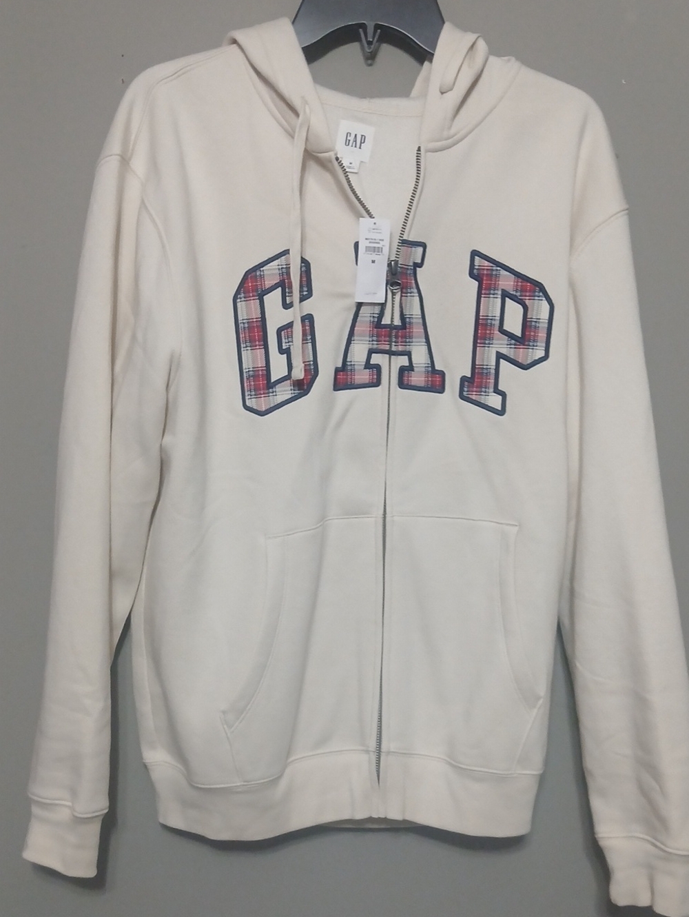 GAP Cream Full-Zip Hoodie with Plaid Logo